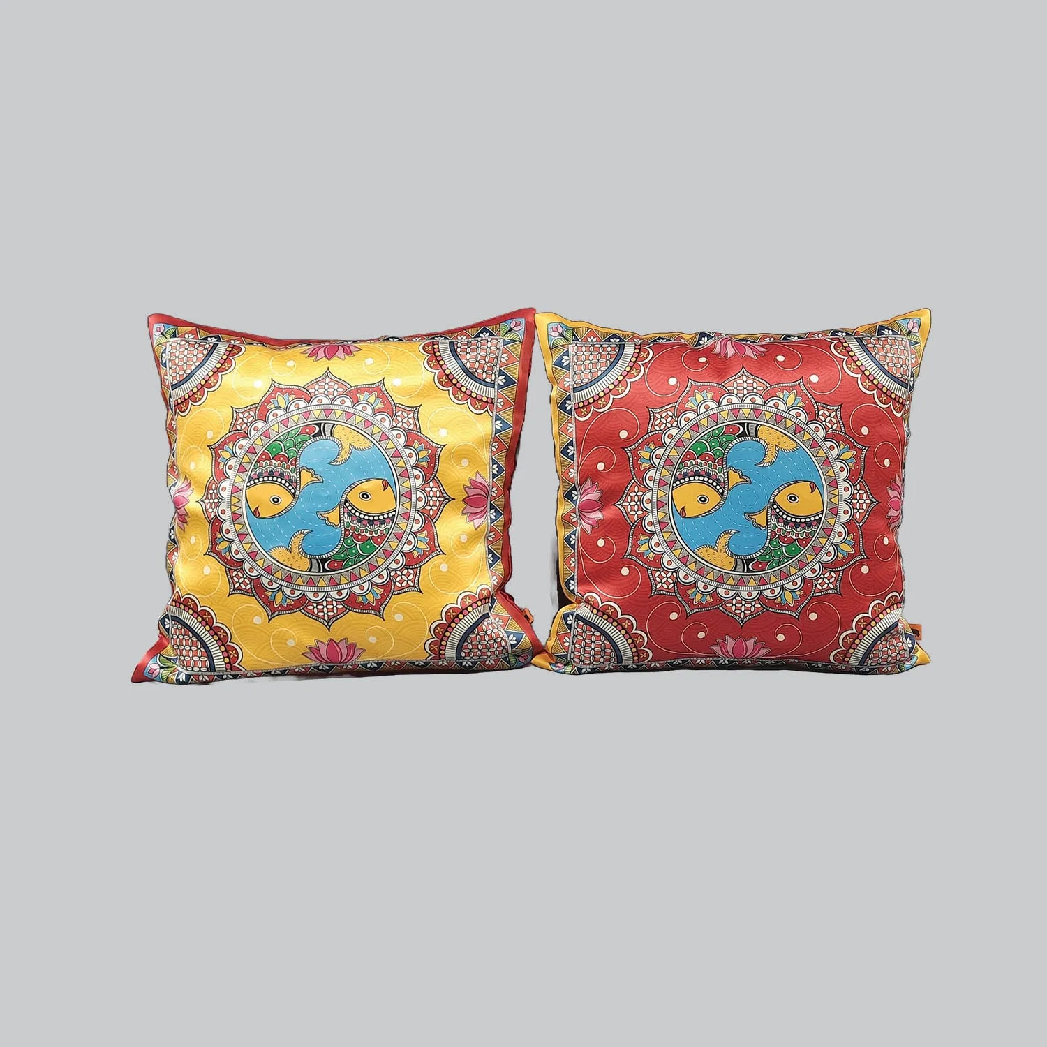 Madhubani Satin Cushion Covers - 16 in x 16 in - Set of 2