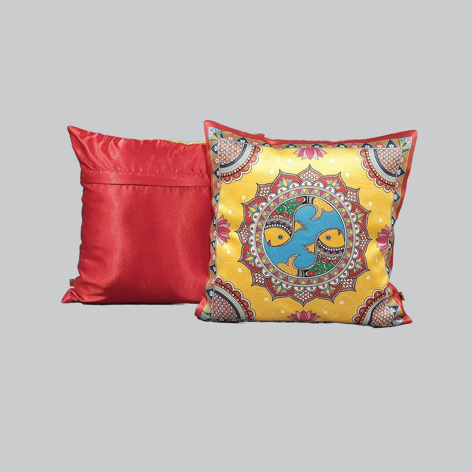 Madhubani Satin Cushion Covers - 16 in x 16 in - Set of 2