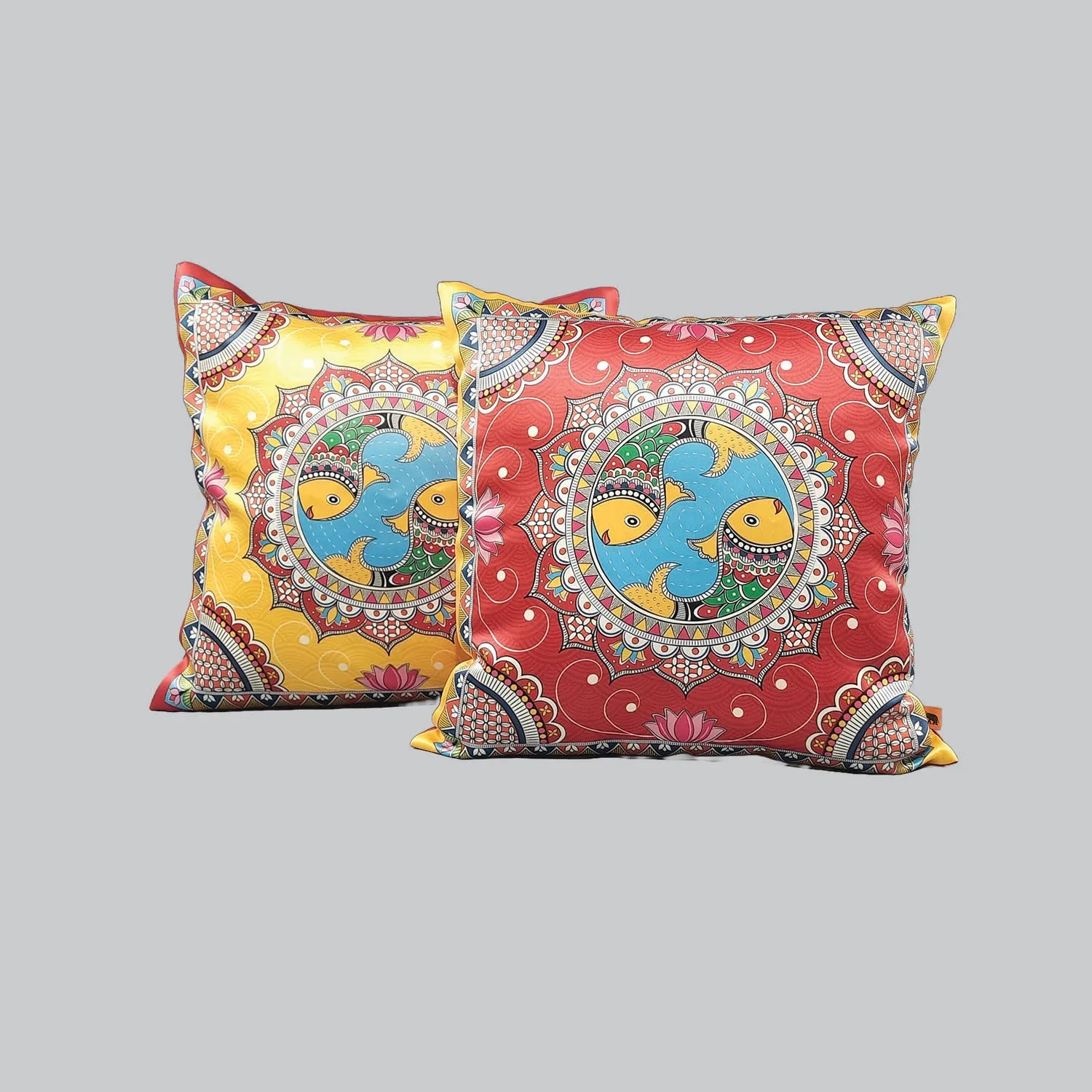 Madhubani Satin Cushion Covers - 16 in x 16 in - Set of 2