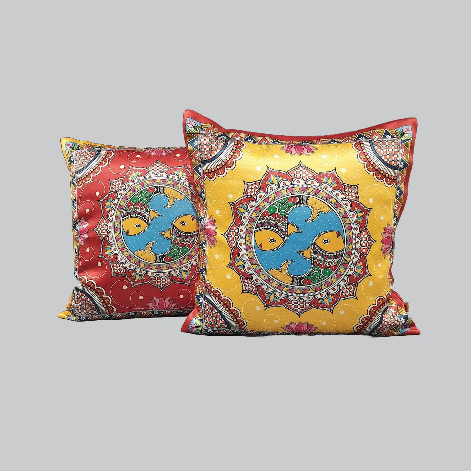 Madhubani Satin Cushion Covers - 16 in x 16 in - Set of 2