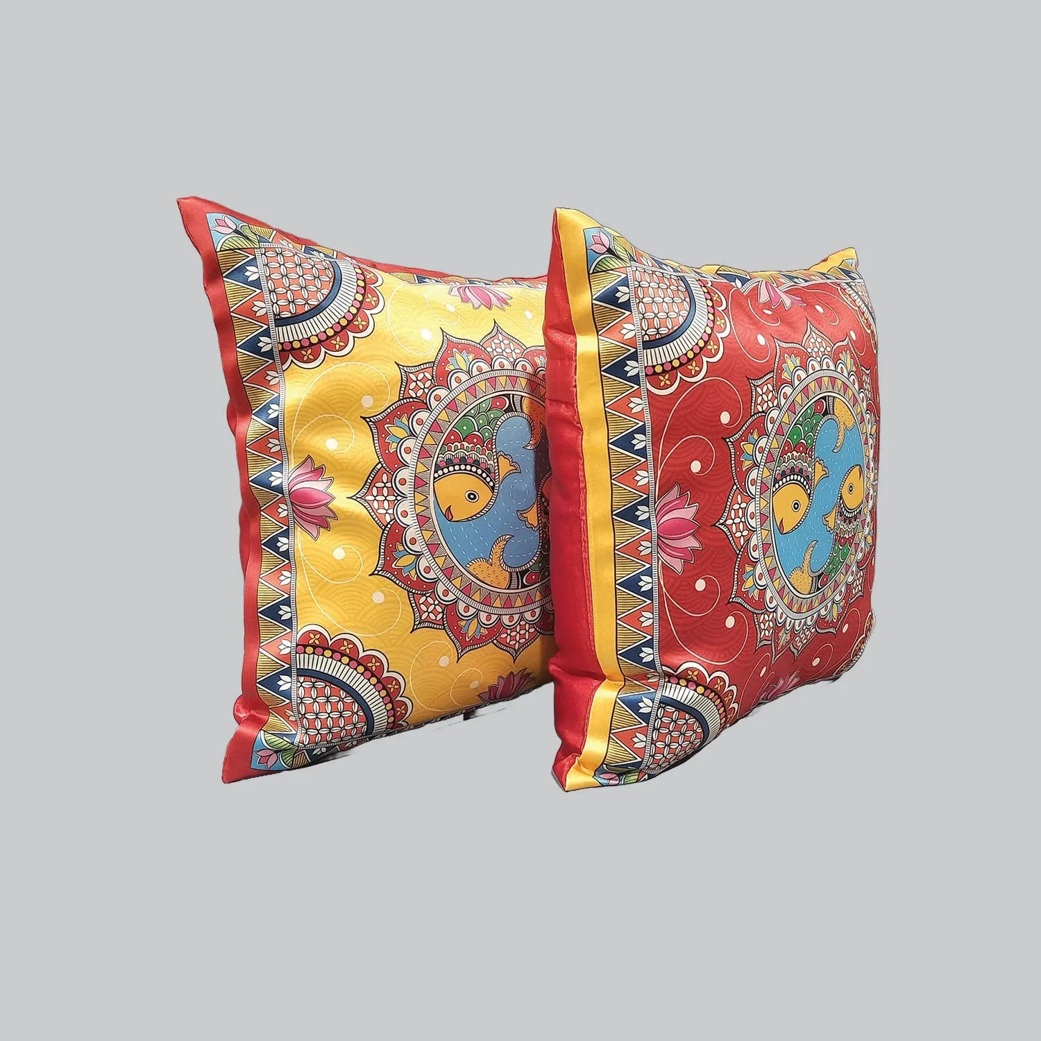 Madhubani Satin Cushion Covers - 16 in x 16 in - Set of 2