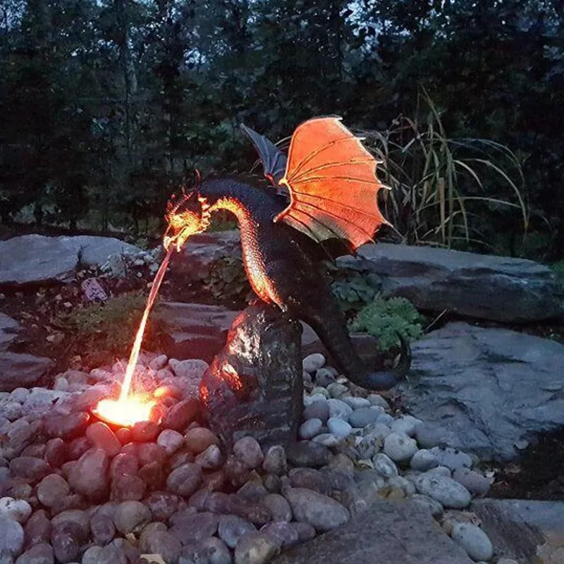 Majestic Fire-Breathing Dragon Fountain Sculpture