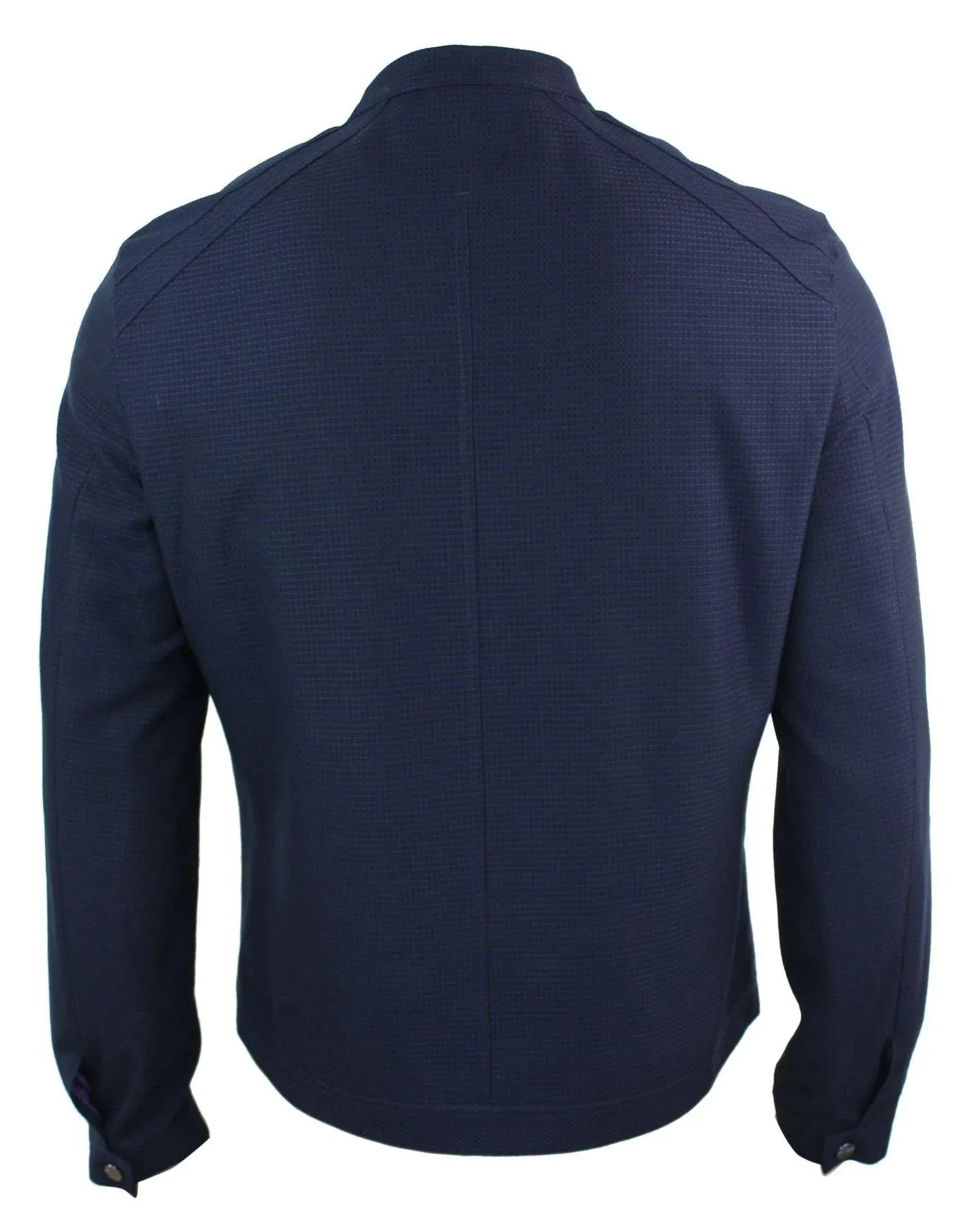 Mens Smart Casual Zipped Nehru Grandad Collar Retro Biker Jacket Navy Blue