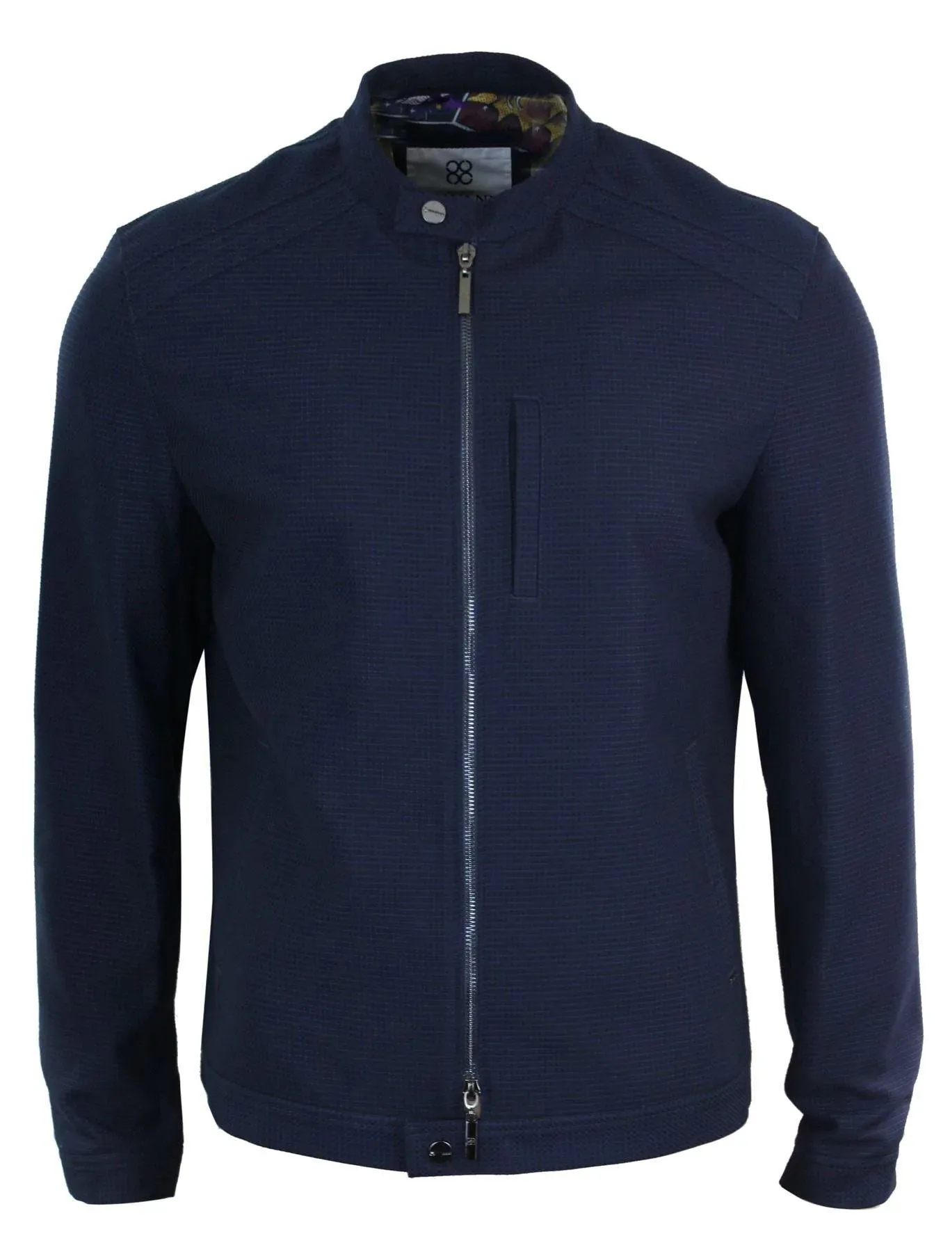 Mens Smart Casual Zipped Nehru Grandad Collar Retro Biker Jacket Navy Blue