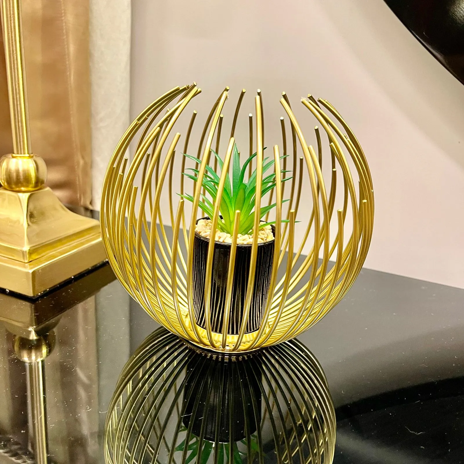 METALLIC GOLDEN GLOBE DECOR WITH PLANTER INSIDE