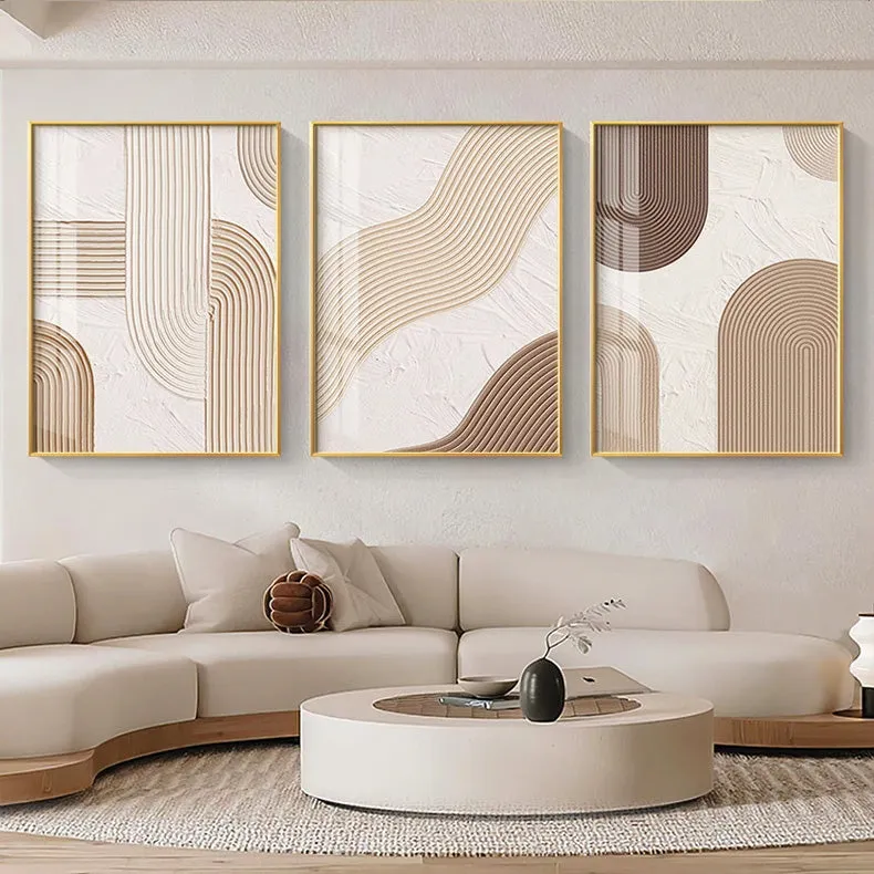 Modern Abstract Beige Geometric Lines Wall Art Fine Art Canvas Prints Pictures For Living Room Dining Room Home Office Decor