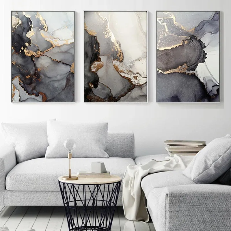 Modern Abstract Black Gold Marble Wall Art Fine Art Canvas Prints Pictures For Loft Apartment Living Room Luxury Home Office Interior Wall Art Decor