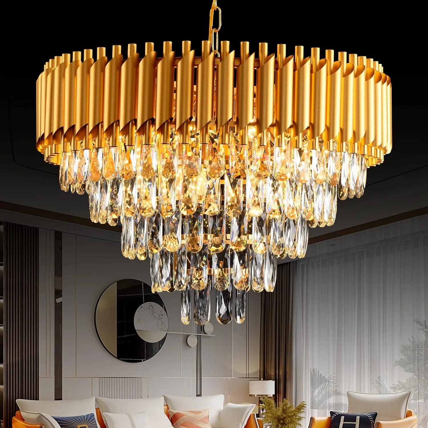 Modern Crystal Chandeliers 5 Tier, Round Crystal Chandeliers Light Fixture 12 Lights