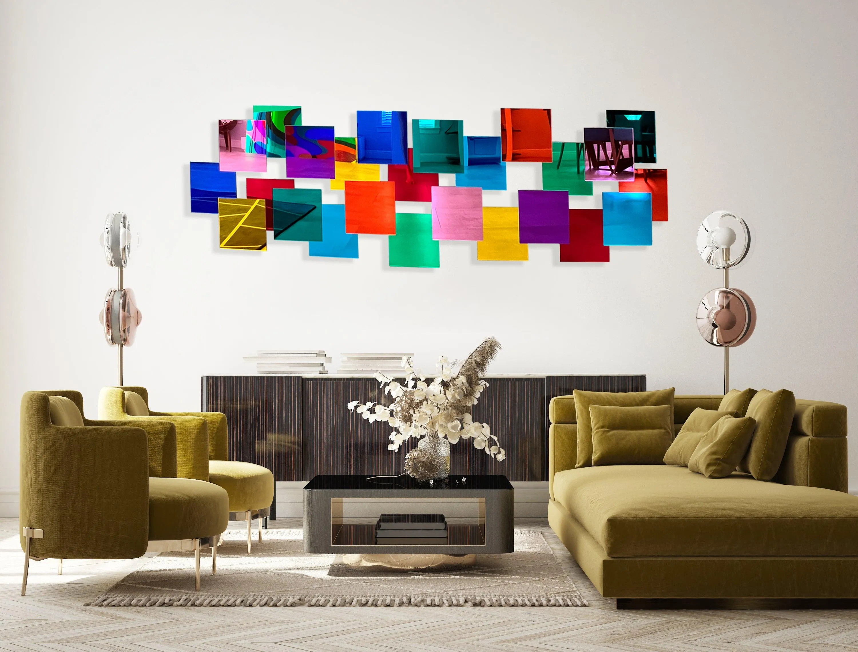 Multicolor Squares Mirrored Geometric Wall Art 3D