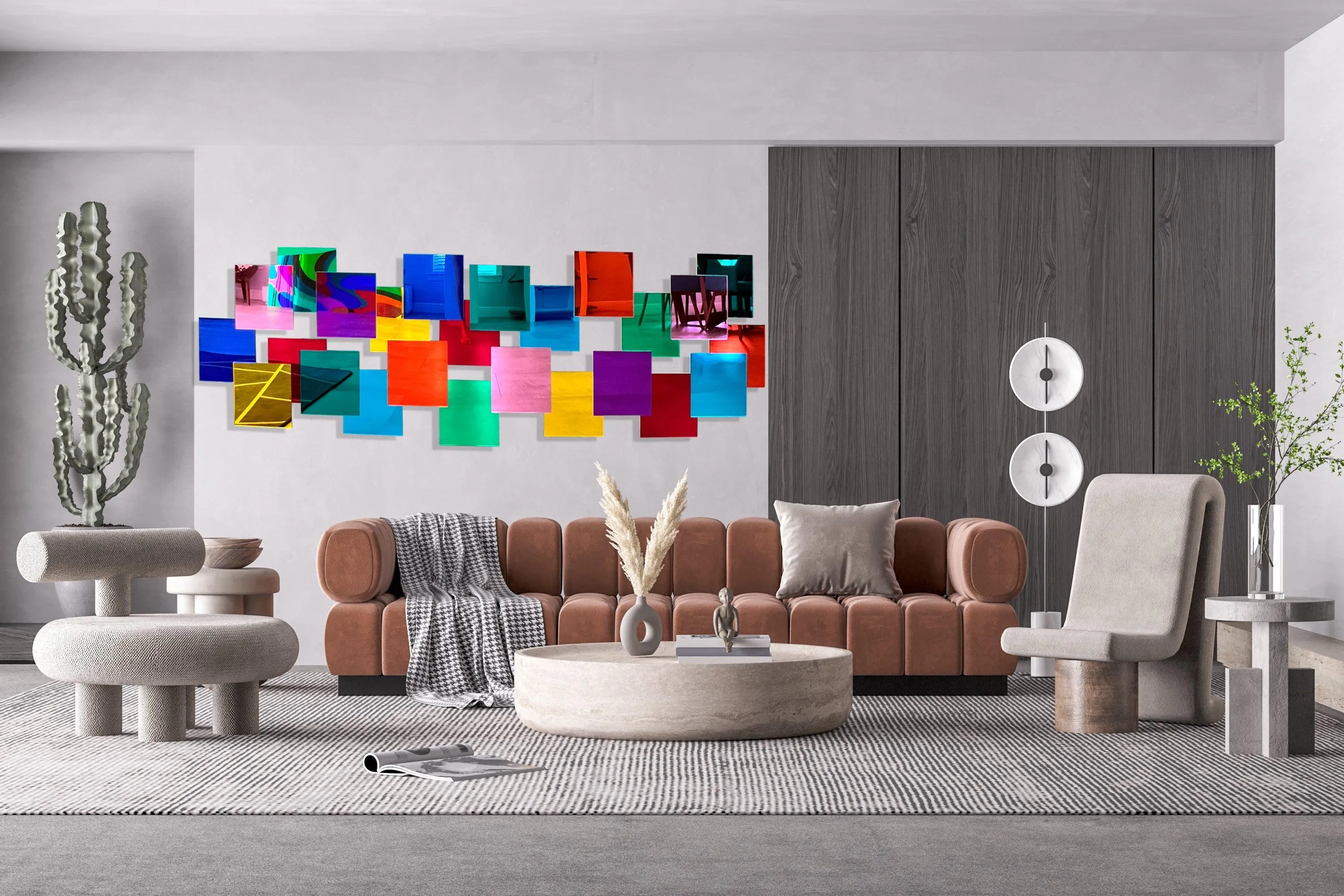 Multicolor Squares Mirrored Geometric Wall Art 3D