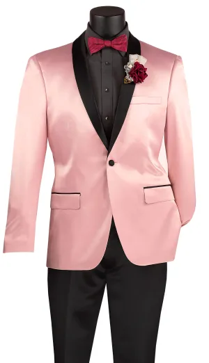 Pink  Slim Fit Blazer Stretch Sateen 1 Button With Narrow Shawl Lapel