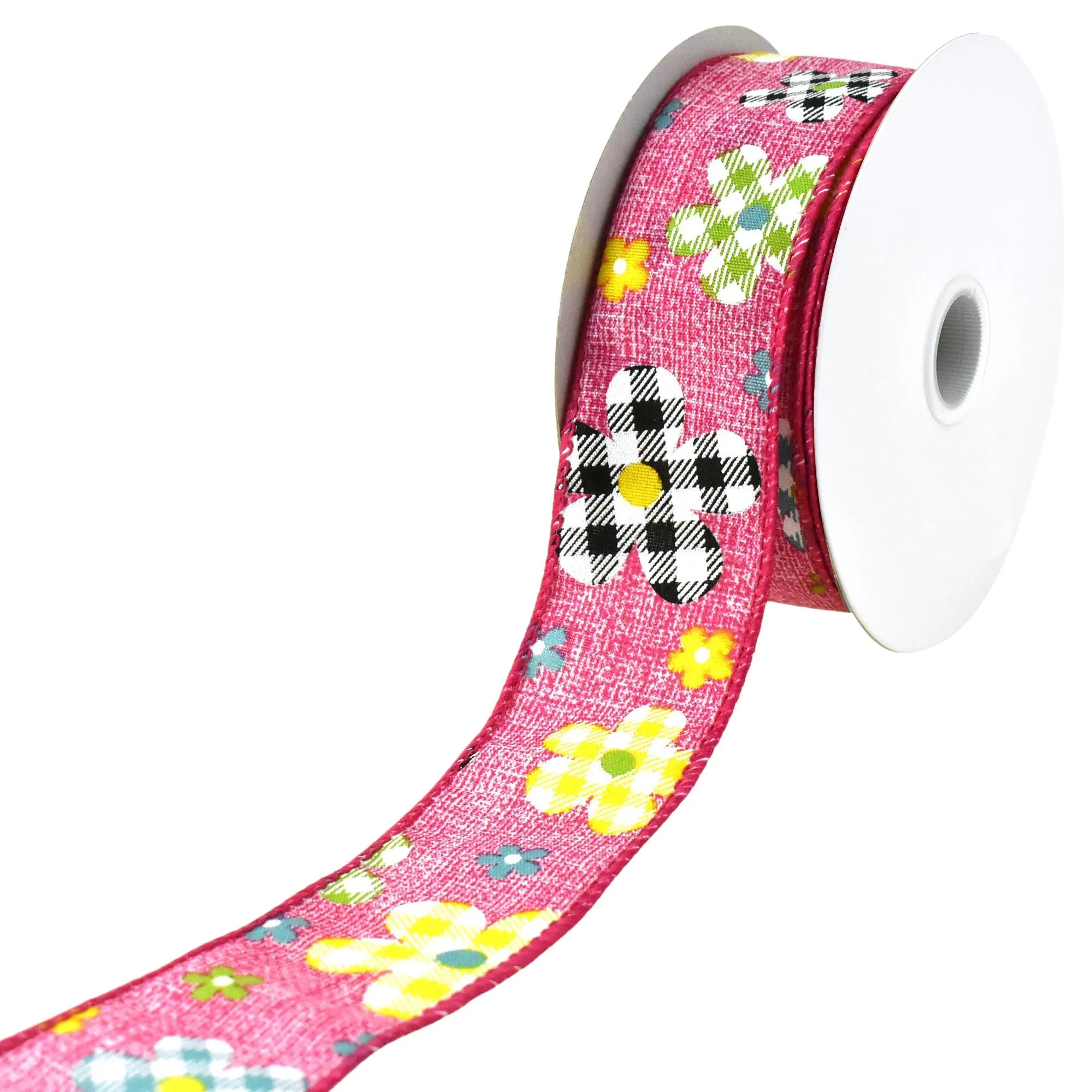 Plaid Patterned Spring Flowers Wired Ribbon, 10-yard