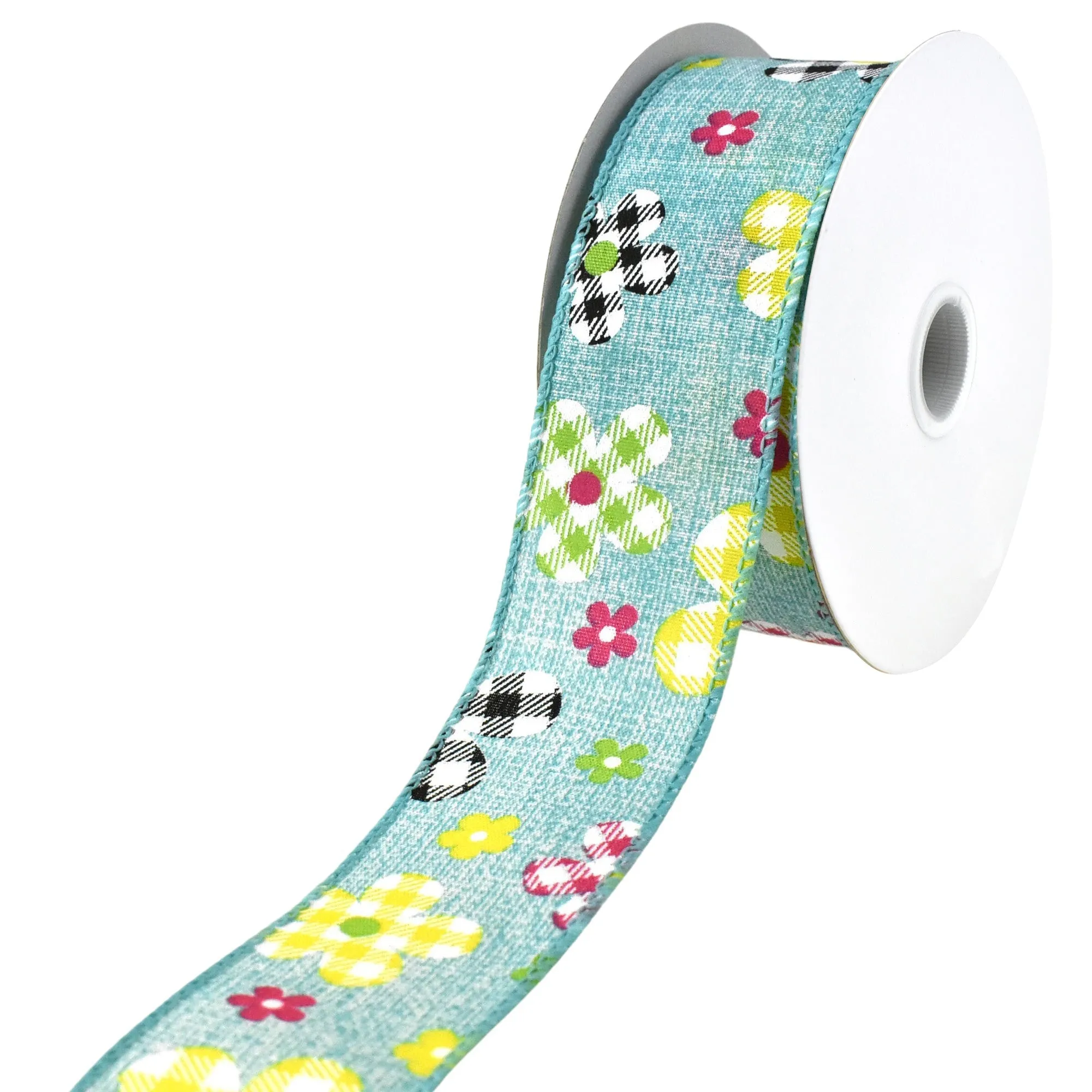 Plaid Patterned Spring Flowers Wired Ribbon, 10-yard