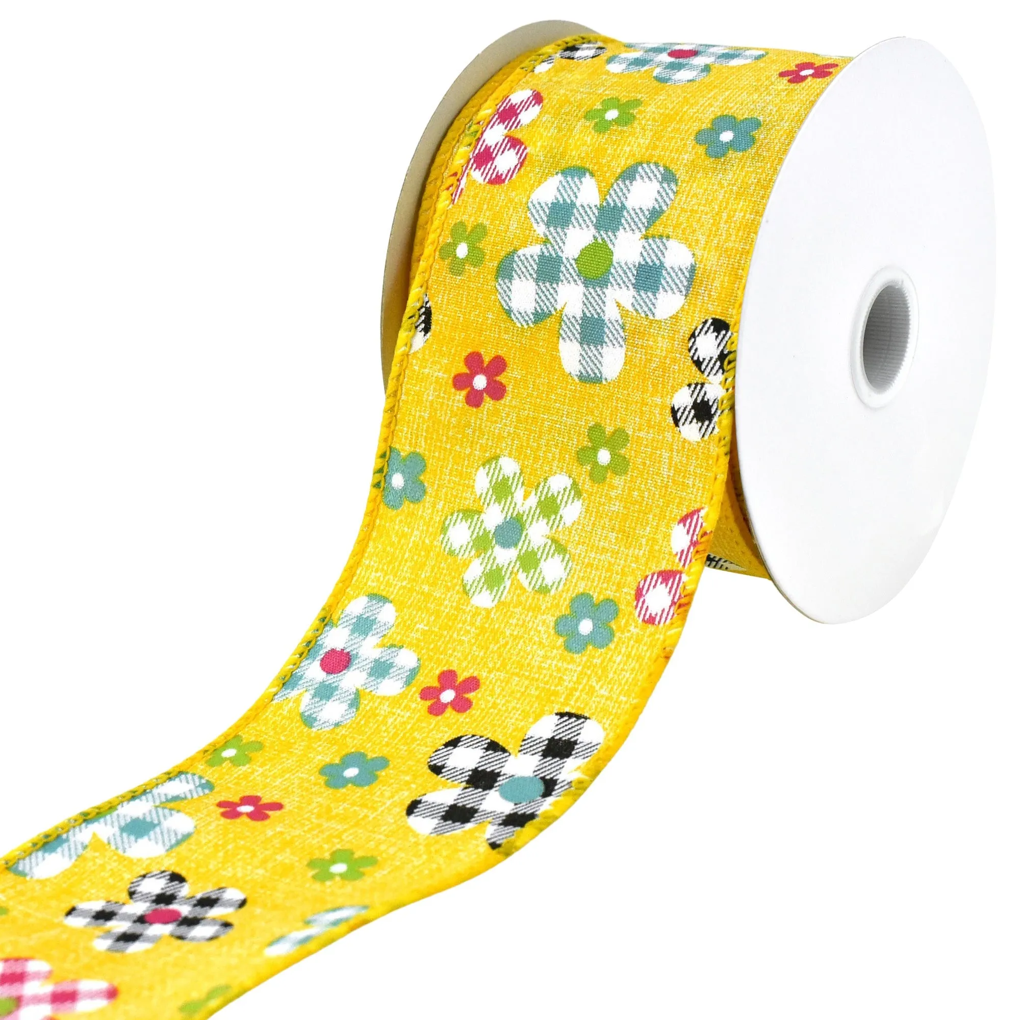 Plaid Patterned Spring Flowers Wired Ribbon, 10-yard