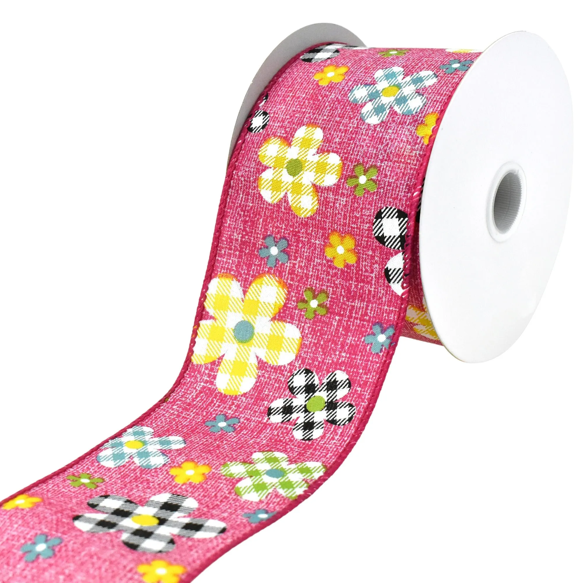 Plaid Patterned Spring Flowers Wired Ribbon, 10-yard