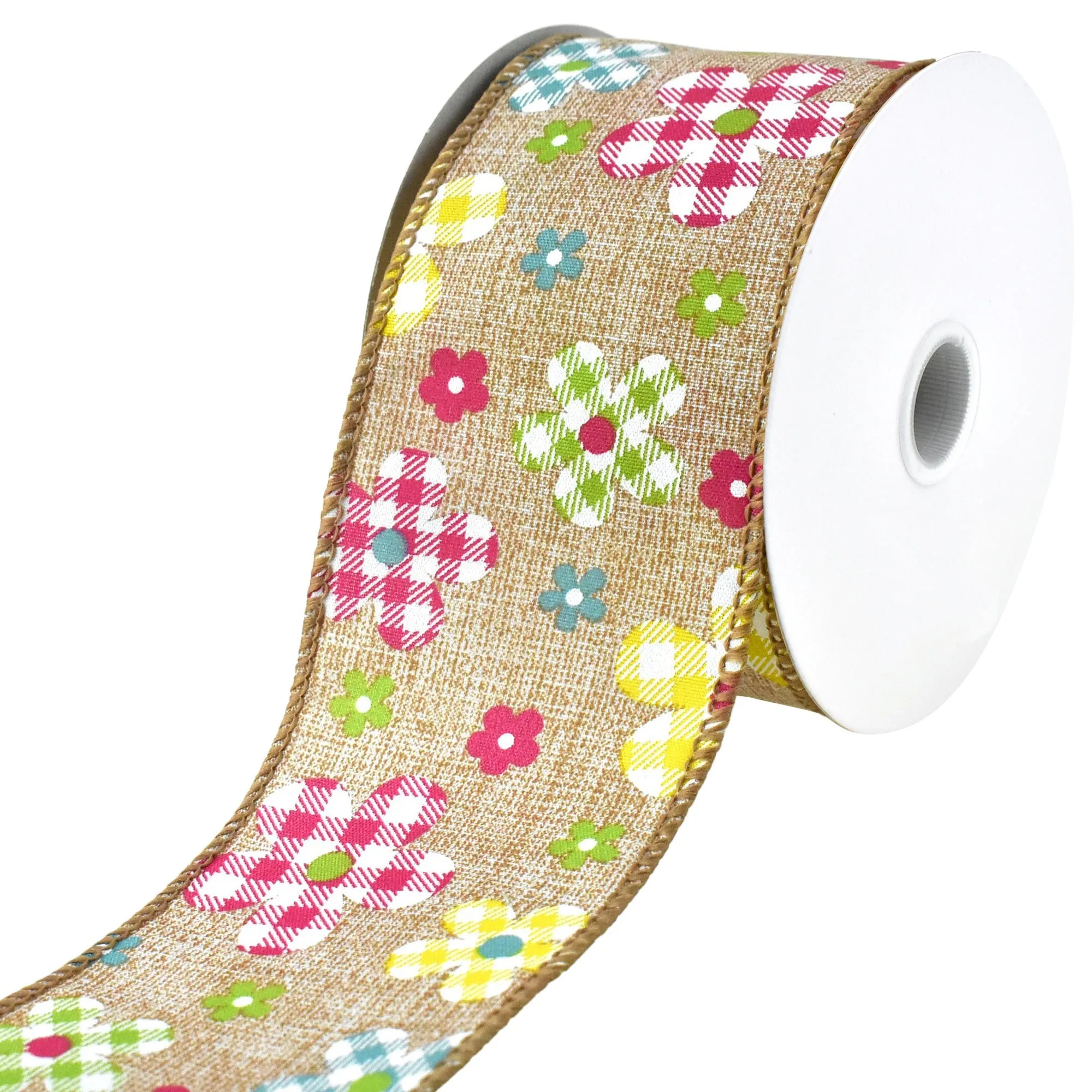 Plaid Patterned Spring Flowers Wired Ribbon, 10-yard