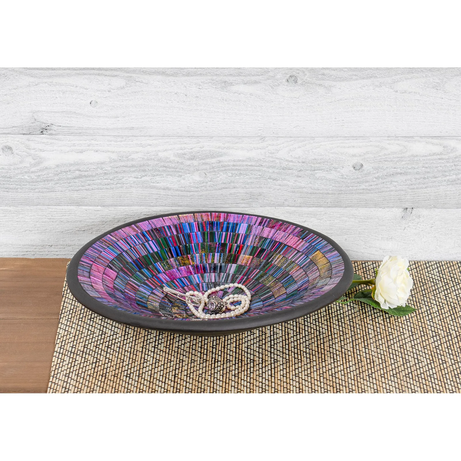 Red Co. Glass Mosaic Ceramic Catch-All Tray, Decorative Accent and Centerpiece Bowl - Round