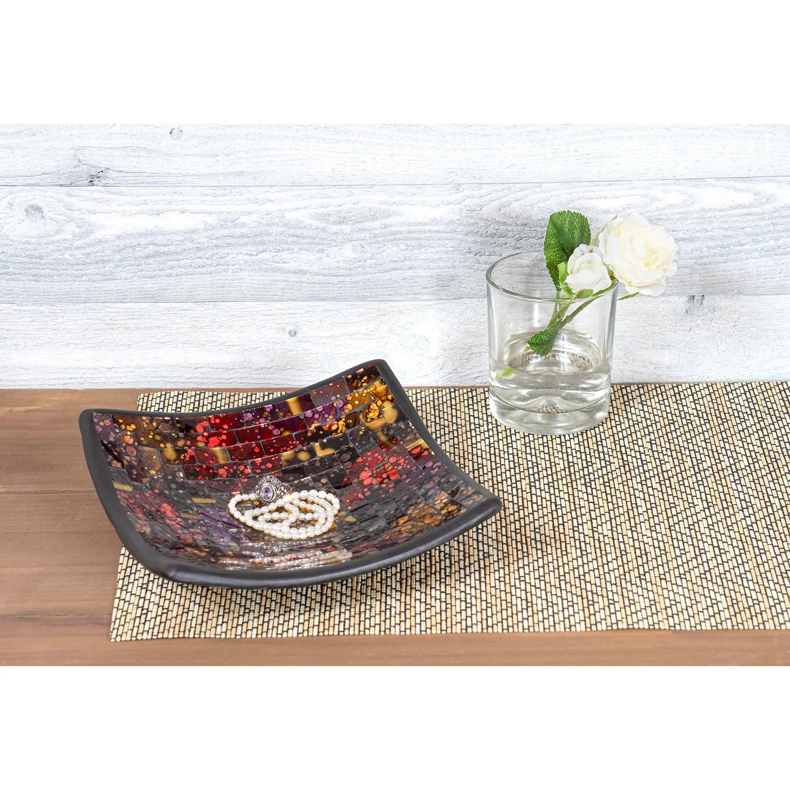 Red Co. Glass Mosaic Ceramic Catch-All Tray, Decorative Accent and Centerpiece Plate - Squared