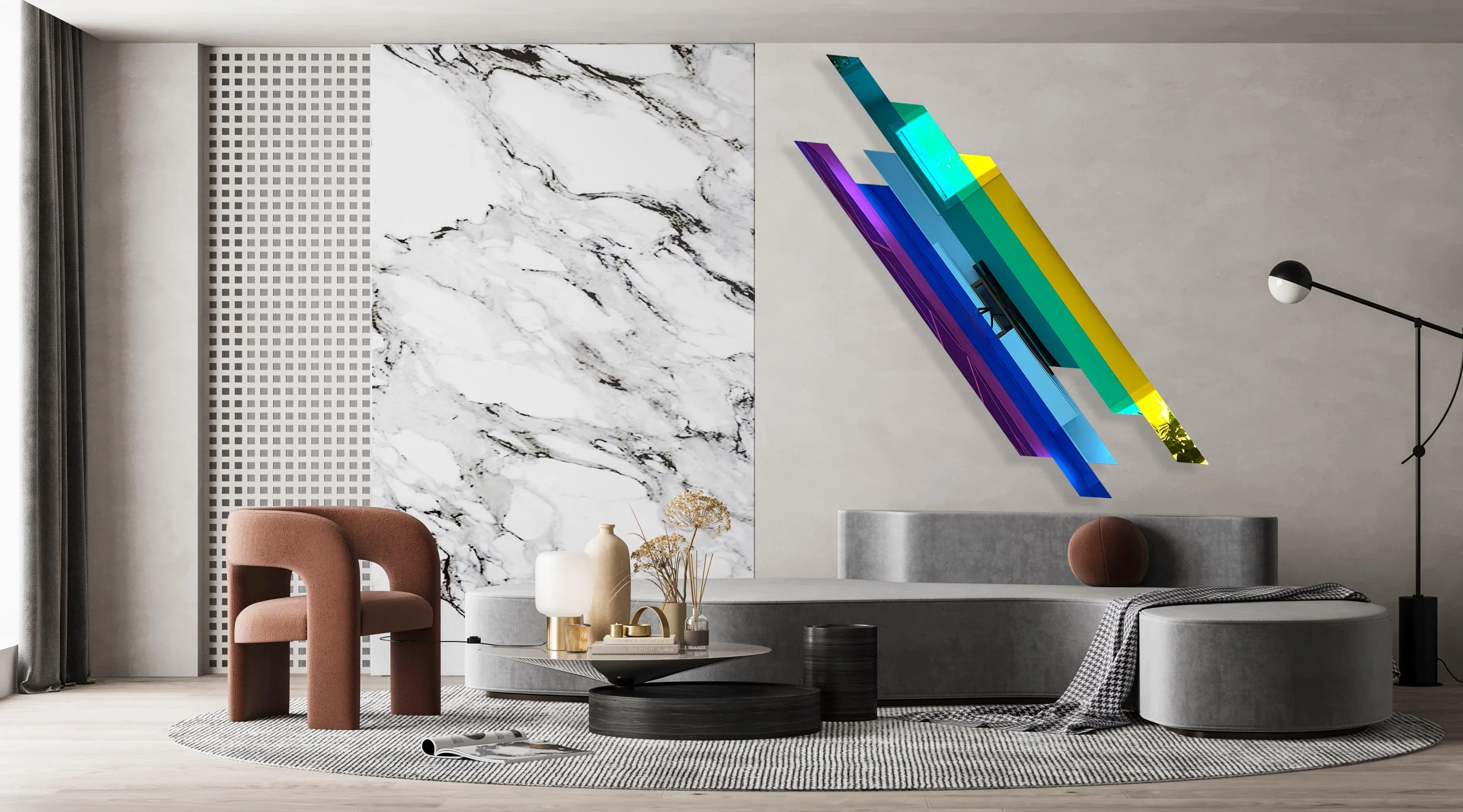 Retro Lines Multicolor Mirrored Acrylic Lines Artwork Contemporary Wall Art