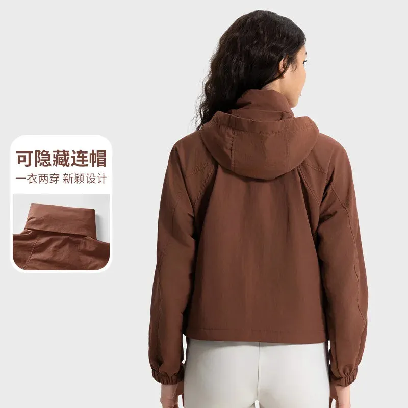 Soft Shell Hooded Jacket, Standing Neck, Two Wear Sports Coat, Waterproof Pocket, Loose Casual Outdoor Jacket, Autumn an