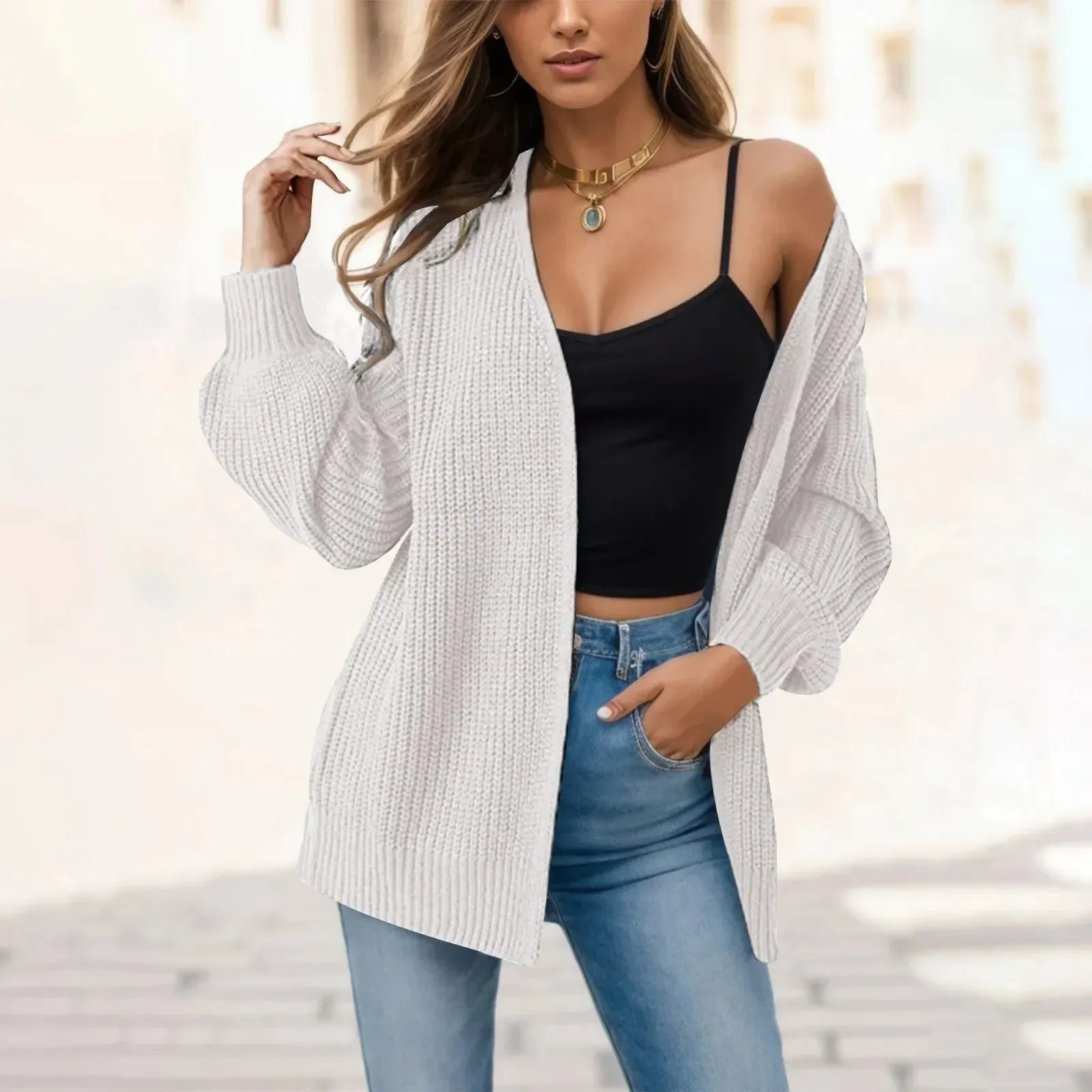 Women's Knitted Long Sleeve Cardigan Autumn Winter Open Front Drape Pockets Sweater Outerwear Coat