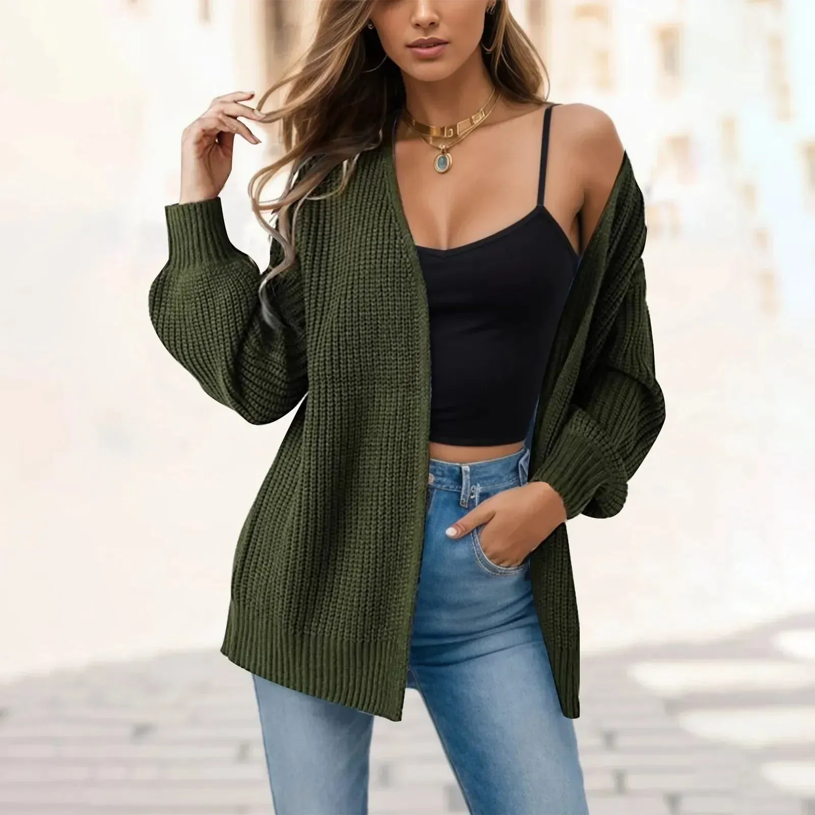 Women's Knitted Long Sleeve Cardigan Autumn Winter Open Front Drape Pockets Sweater Outerwear Coat