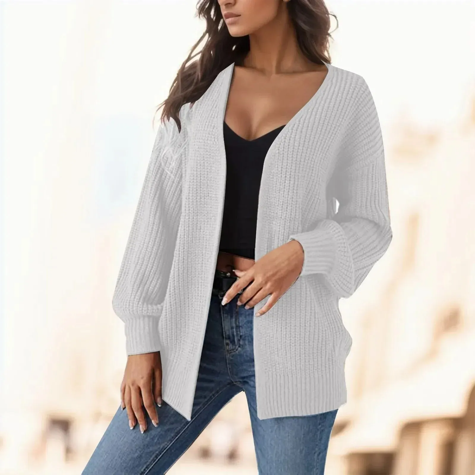 Women's Knitted Long Sleeve Cardigan Autumn Winter Open Front Drape Pockets Sweater Outerwear Coat