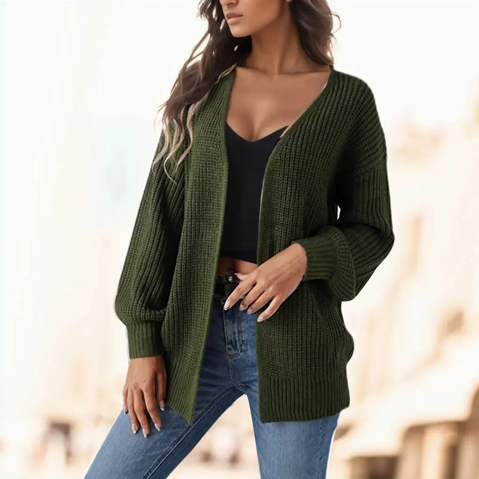 Women's Knitted Long Sleeve Cardigan Autumn Winter Open Front Drape Pockets Sweater Outerwear Coat