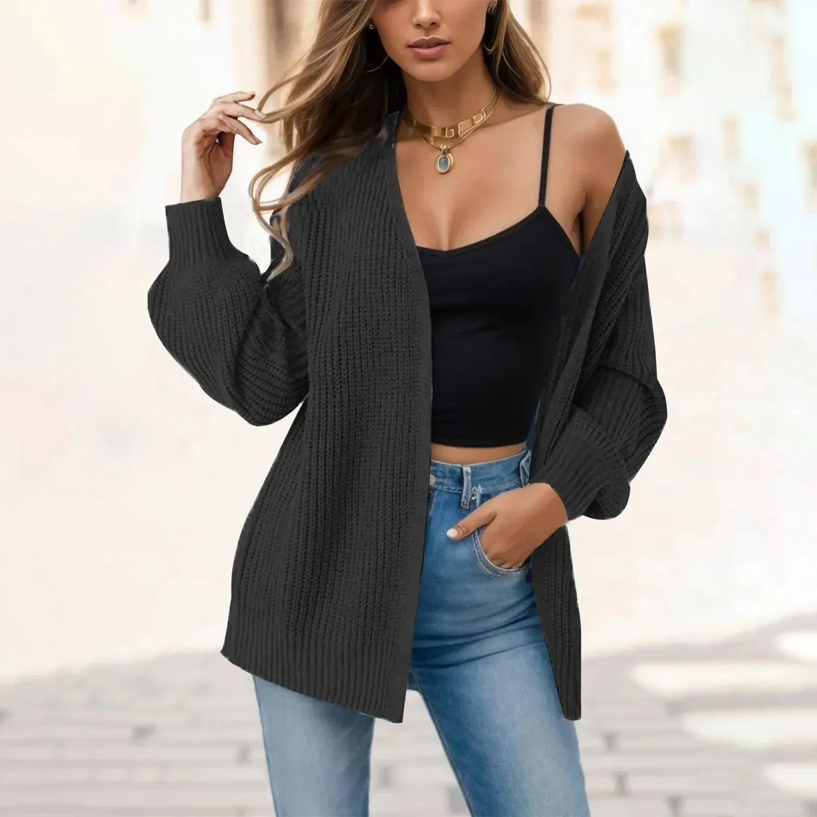 Women's Knitted Long Sleeve Cardigan Autumn Winter Open Front Drape Pockets Sweater Outerwear Coat